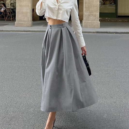 Women's Elegant Grey High-Waisted Pleated A-Line Skirt for Office and Casual Wear