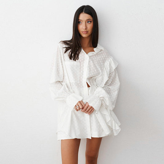 Summer Cotton Ruffle Long Sleeve Shirt and Shorts Set, Women's Loungewear Outerwear Two-Piece