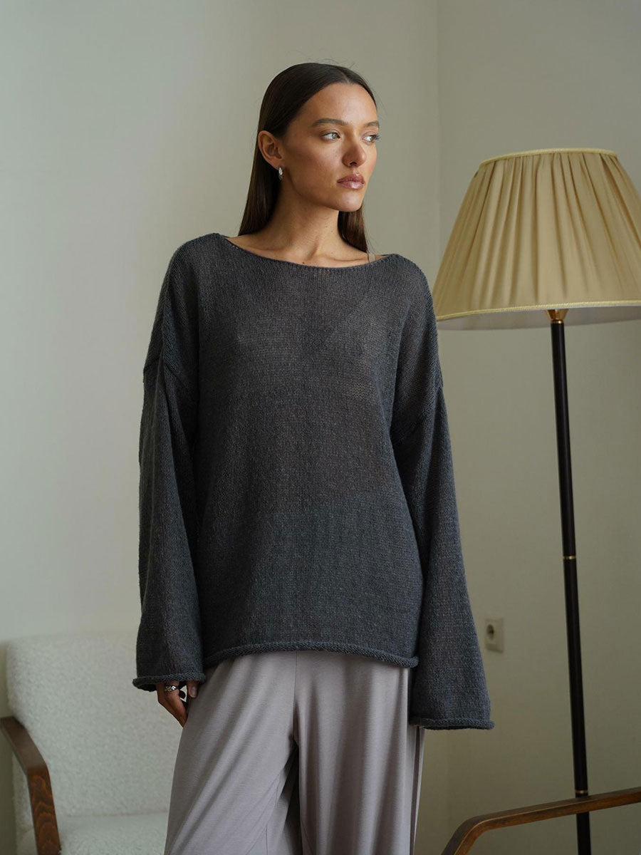 Women's Sheer Thin Knit T-Shirt with Flared Sleeves and Round Neck