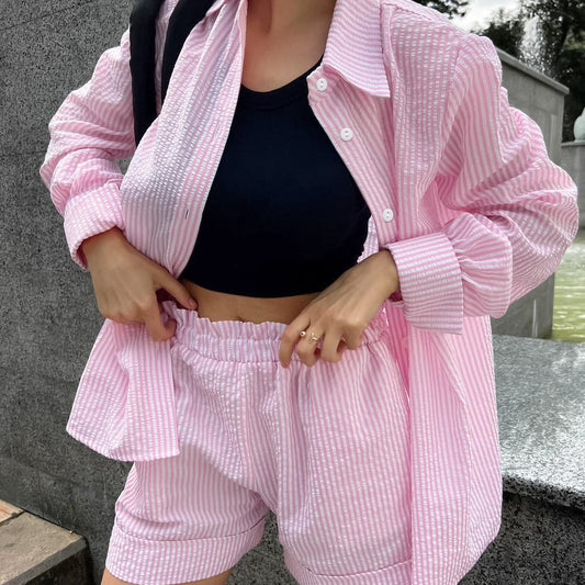 Women's Casual Pink Striped Collared Long Sleeve Shirt & High Waist Shorts Set