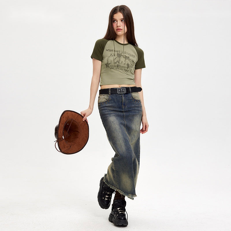 Cat Print Cropped Skinny T-shirt