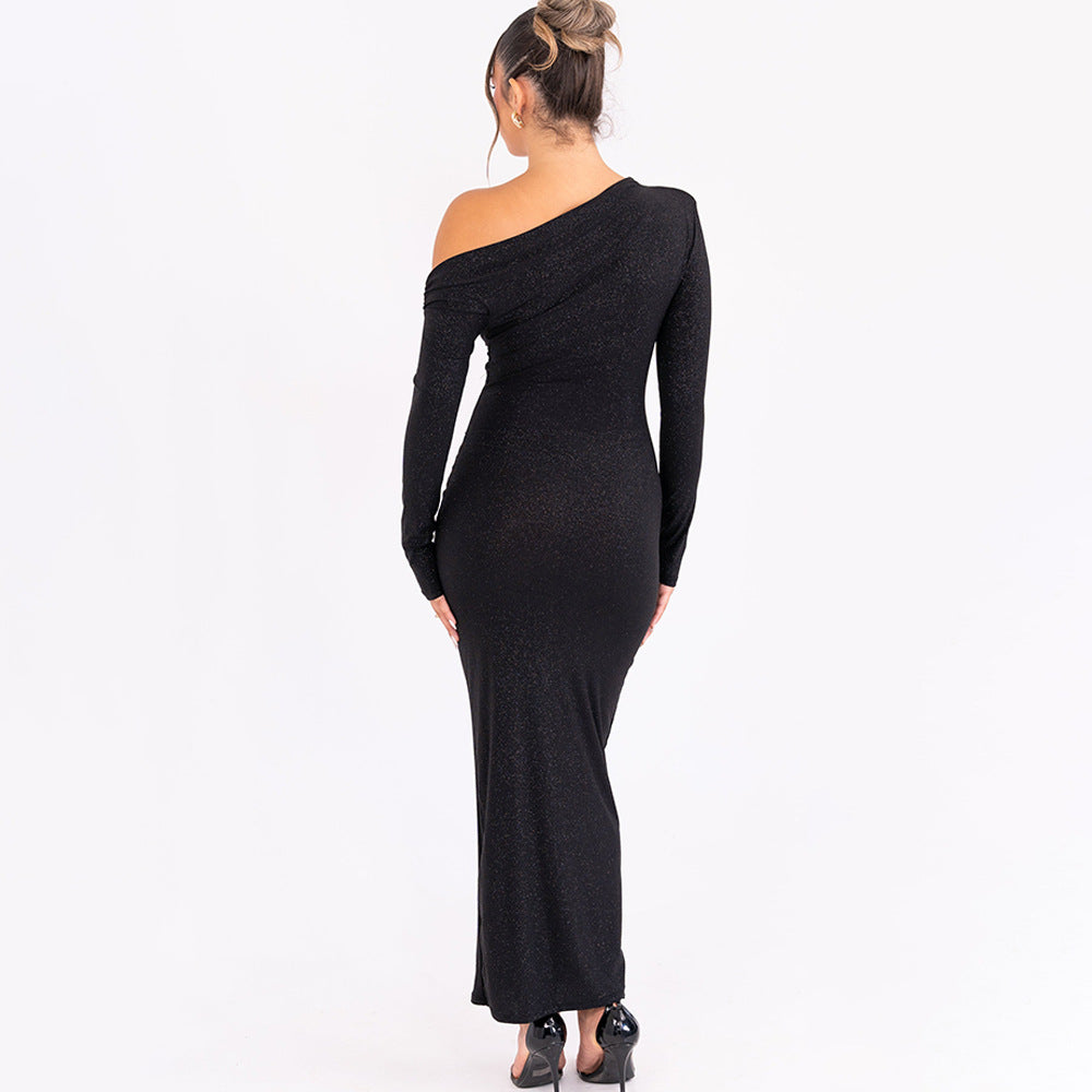 Women's One-Shoulder Long-Sleeve Bodycon Maxi Dress