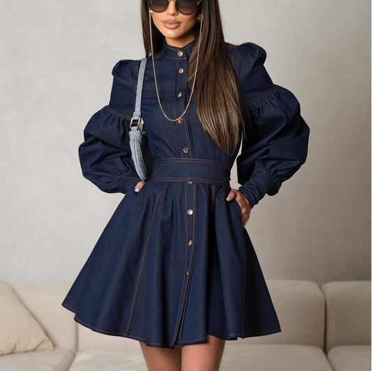 Women's Fashion Denim Lantern Sleeve Tie-Waist Dress