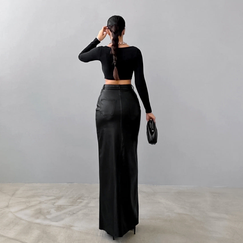 Women's High-Waisted Fleece-Lined Matte Leather Bodycon Straight Skirt