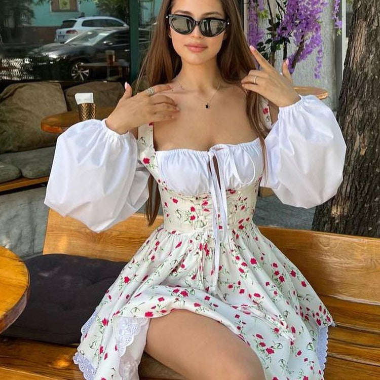 Women's Puff Sleeve Strapless Floral Midi Dress