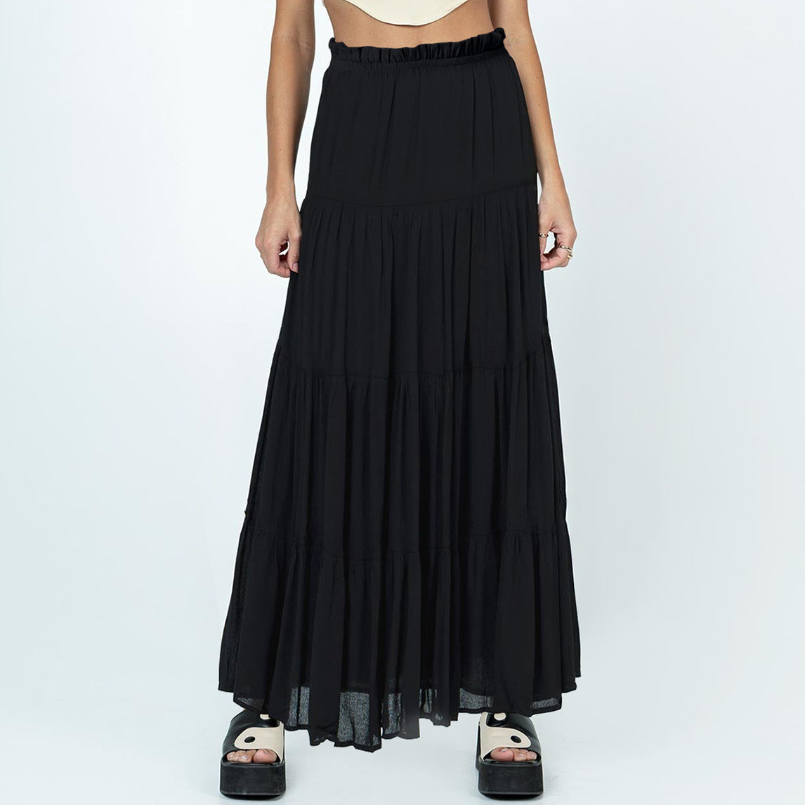 Solid Color High-Waisted Cotton Pleated Maxi Skirt - Elegant and Figure-Flattering