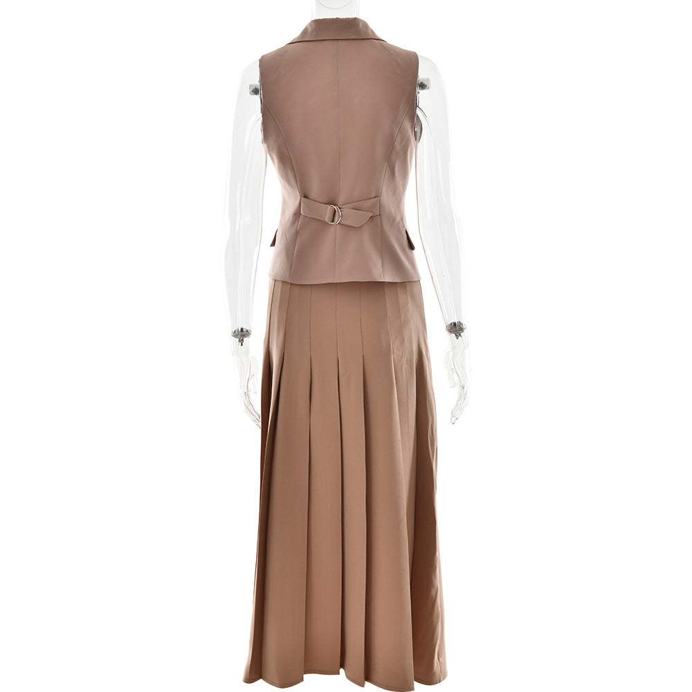 Elegant Long Dress Set - Sleeveless Vest with Pleated Maxi Skirt Two-Piece Outfit for Work, Party, Holiday, and Vacation Wear