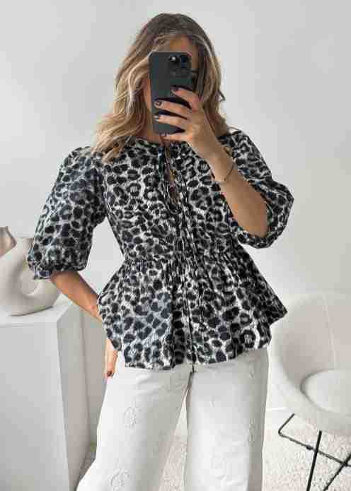 Women's Summer Leopard Print Puff Sleeve Round Neck Blouse