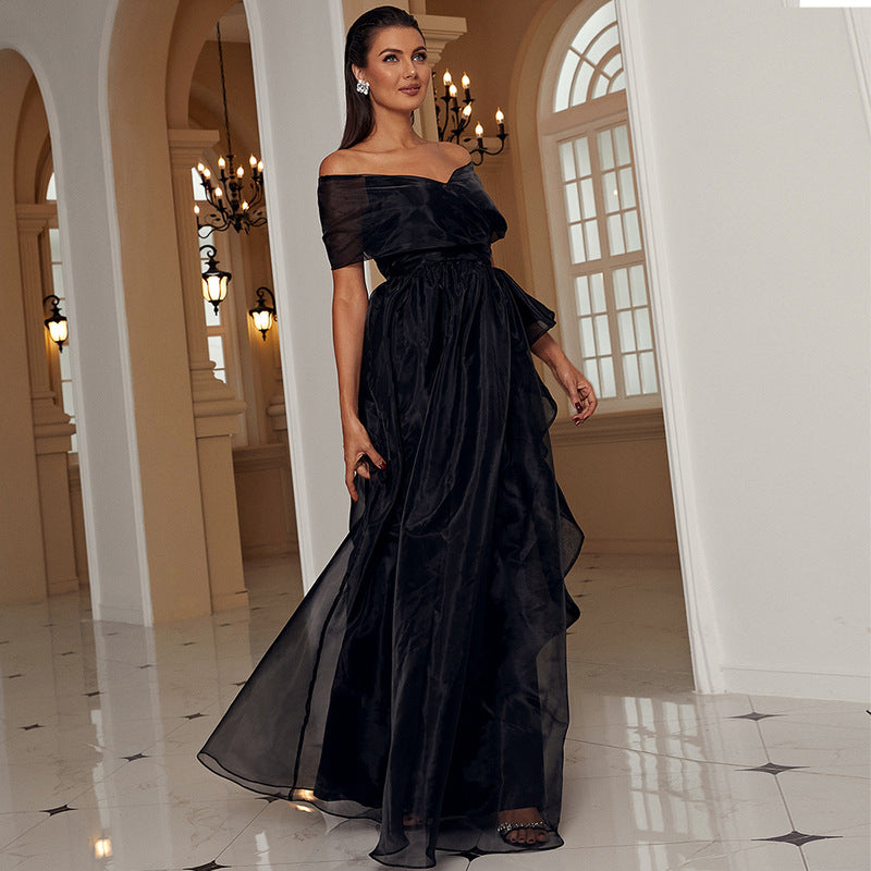 Women's Black One-shoulder Low-cut Mesh Evening Dress