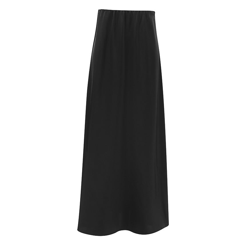 Women's Versatile Black Satin A-Line Midi Skirt