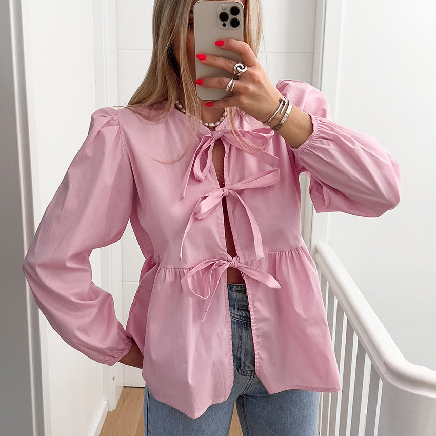 Women's Summer Casual Cotton Bow Tie Long Sleeve Shirt