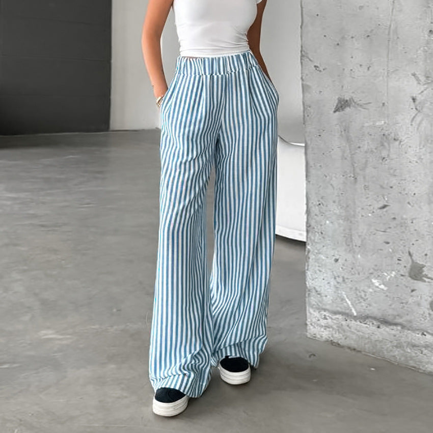 Women's Fashion Versatile Casual Striped High Waist Elastic Band Trousers