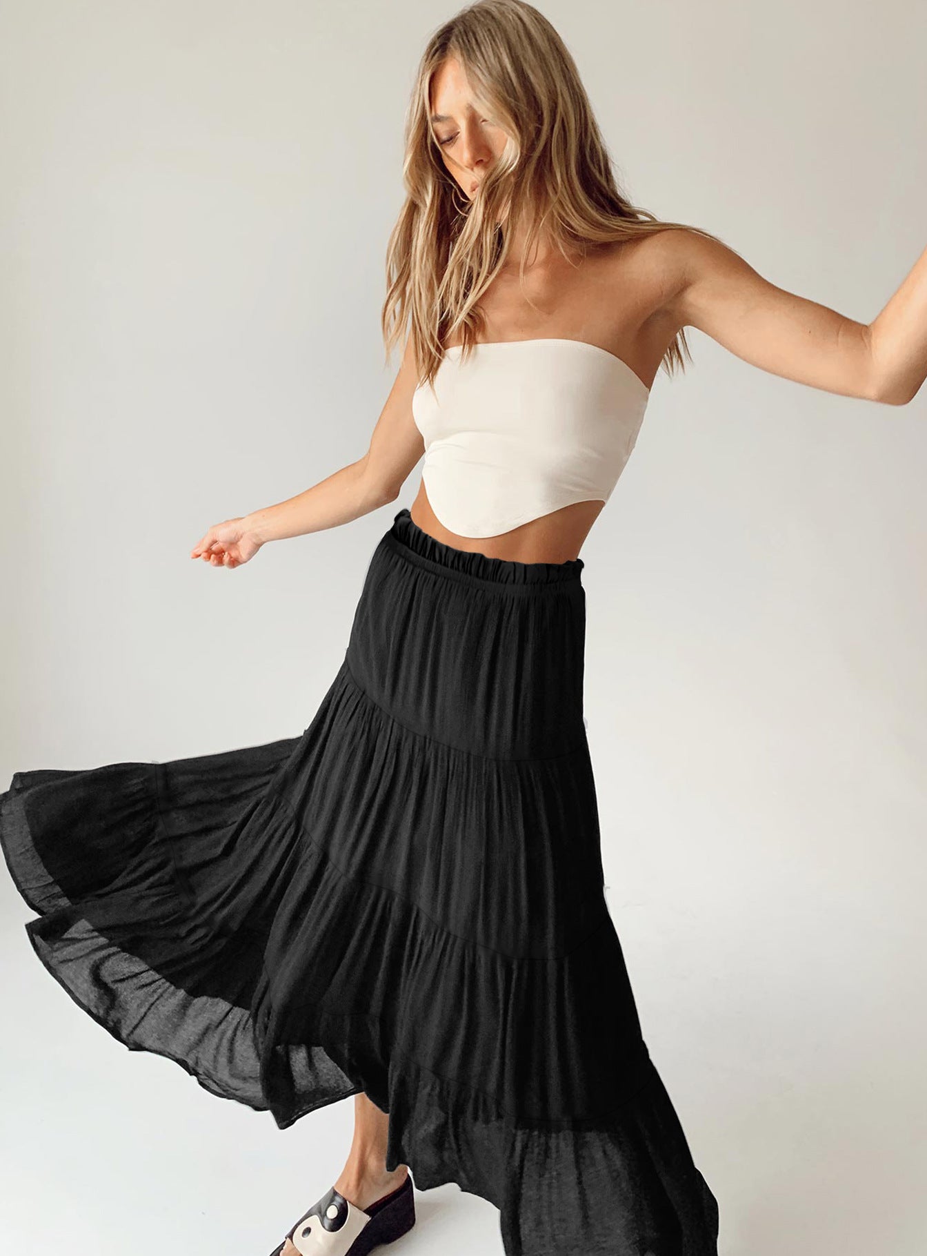 Solid Color High-Waisted Cotton Pleated Maxi Skirt - Elegant and Figure-Flattering