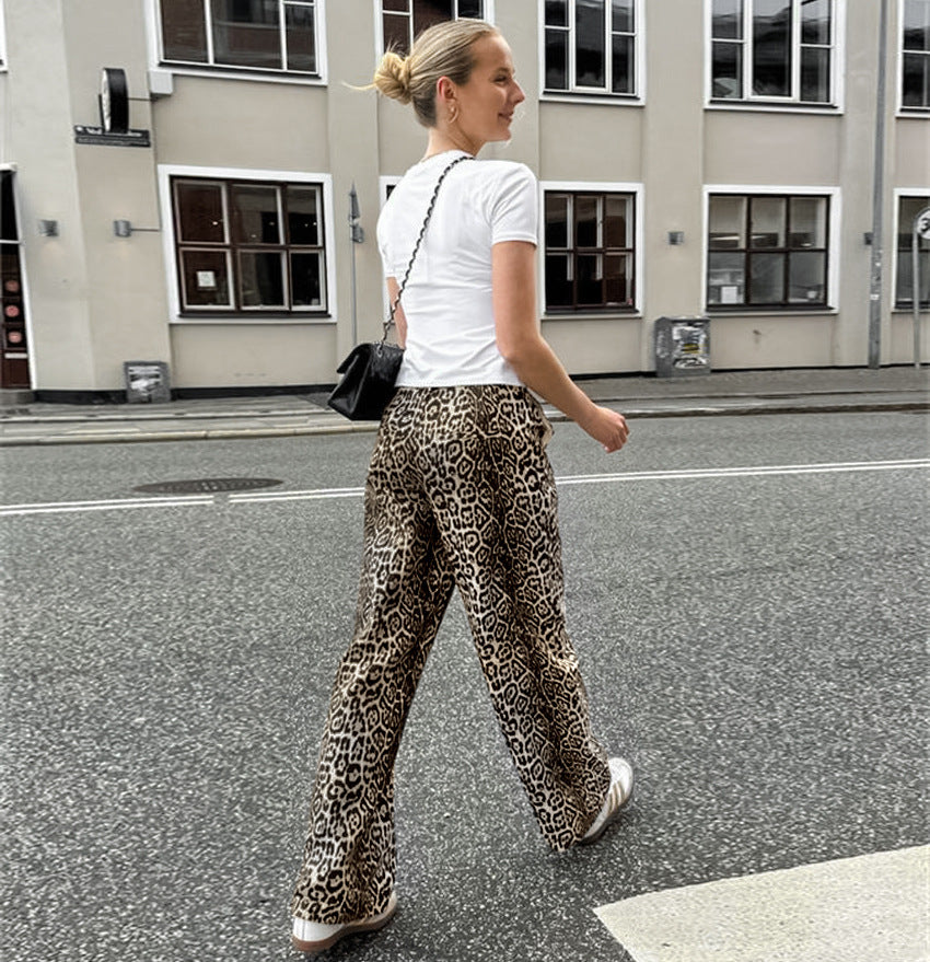 Women's Summer Sexy Leopard Print Round Neck Tie-Front Shirt and Pants Set