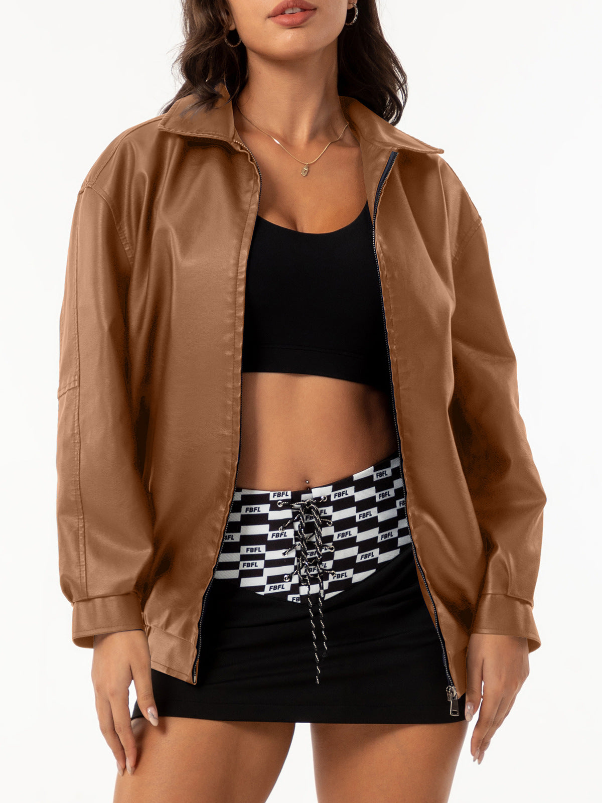 Women's Fashion Loose-Fit Long Sleeve Faux Leather Jacket with Zipper and Pockets