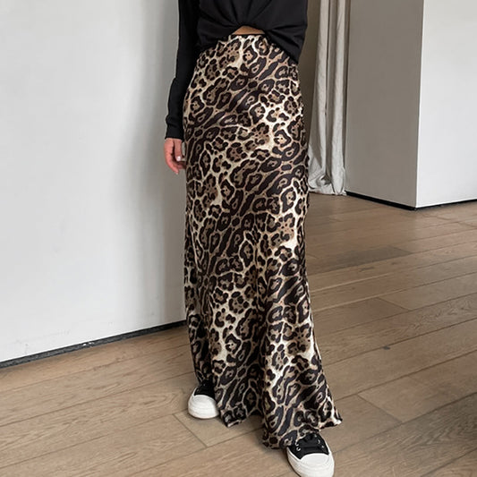 Women's Vintage Satin Sexy Leopard Print Casual Midi Skirt