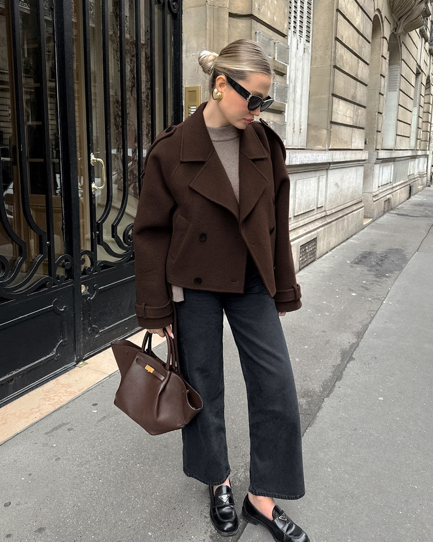 Women's Brown Double-Breasted Wool Coat with Lapel Collar and Belt, Polyester Blend