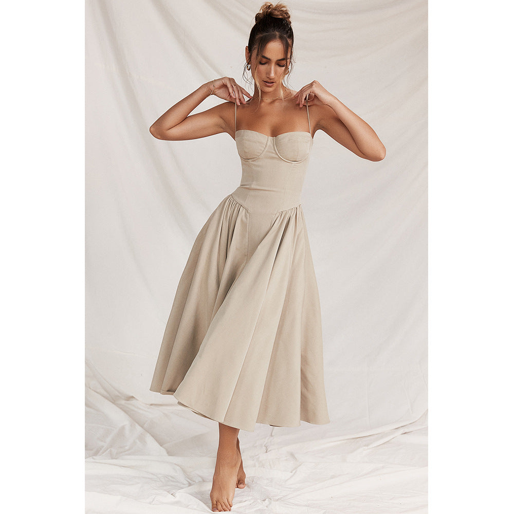 Summer Sexy V-Neck Spaghetti Strap Midi Dress with Waist-Cinching Backless Design