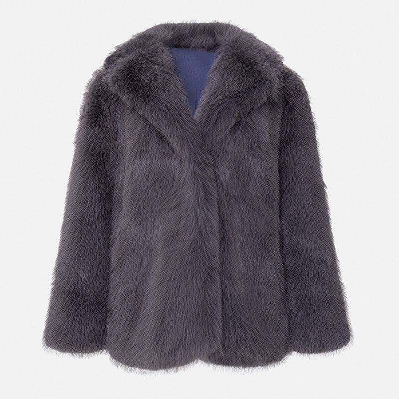 Women's Oversized Environmentally friendly Faux Fox Fur Coat with Large Lapel