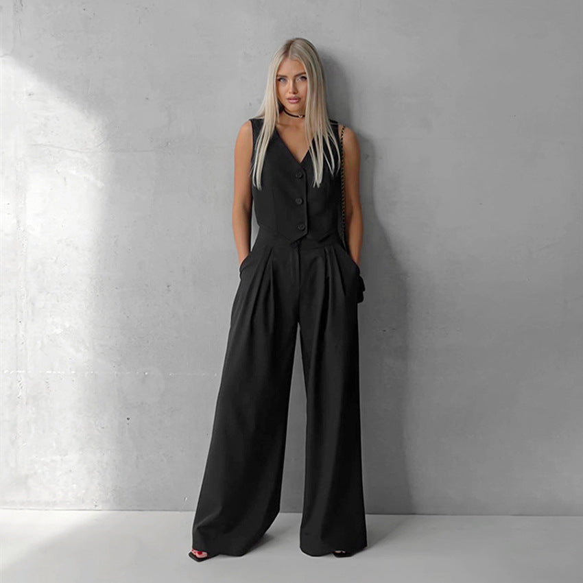 Women's Summer Simple and Stylish Sleeveless V-Neck Vest and Wide-Leg Pants Set