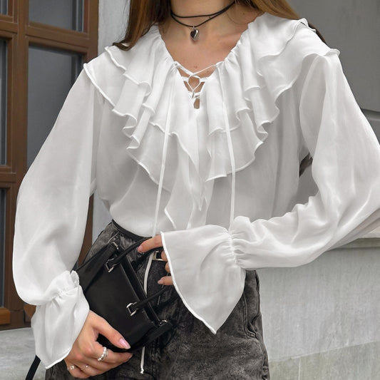 French Style White Chiffon V-Neck Tie Loose Women's Blouse