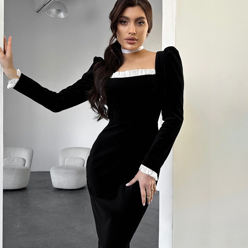 Women's Black Sexy Fitted Velvet Long Sleeve Knit Dress