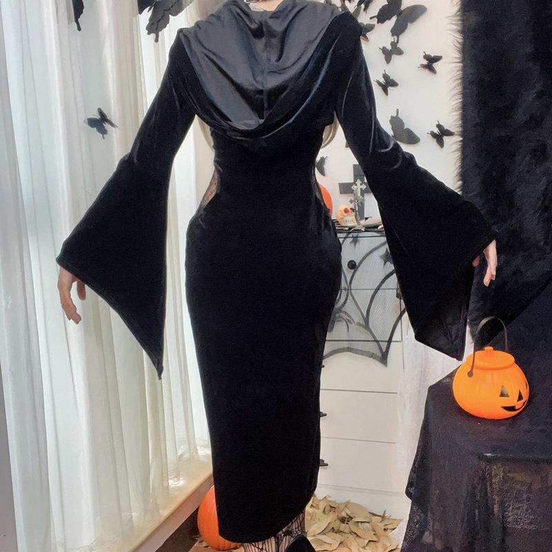 Women's Halloween Hooded Dress with Flared Sleeves and Spider Web Design