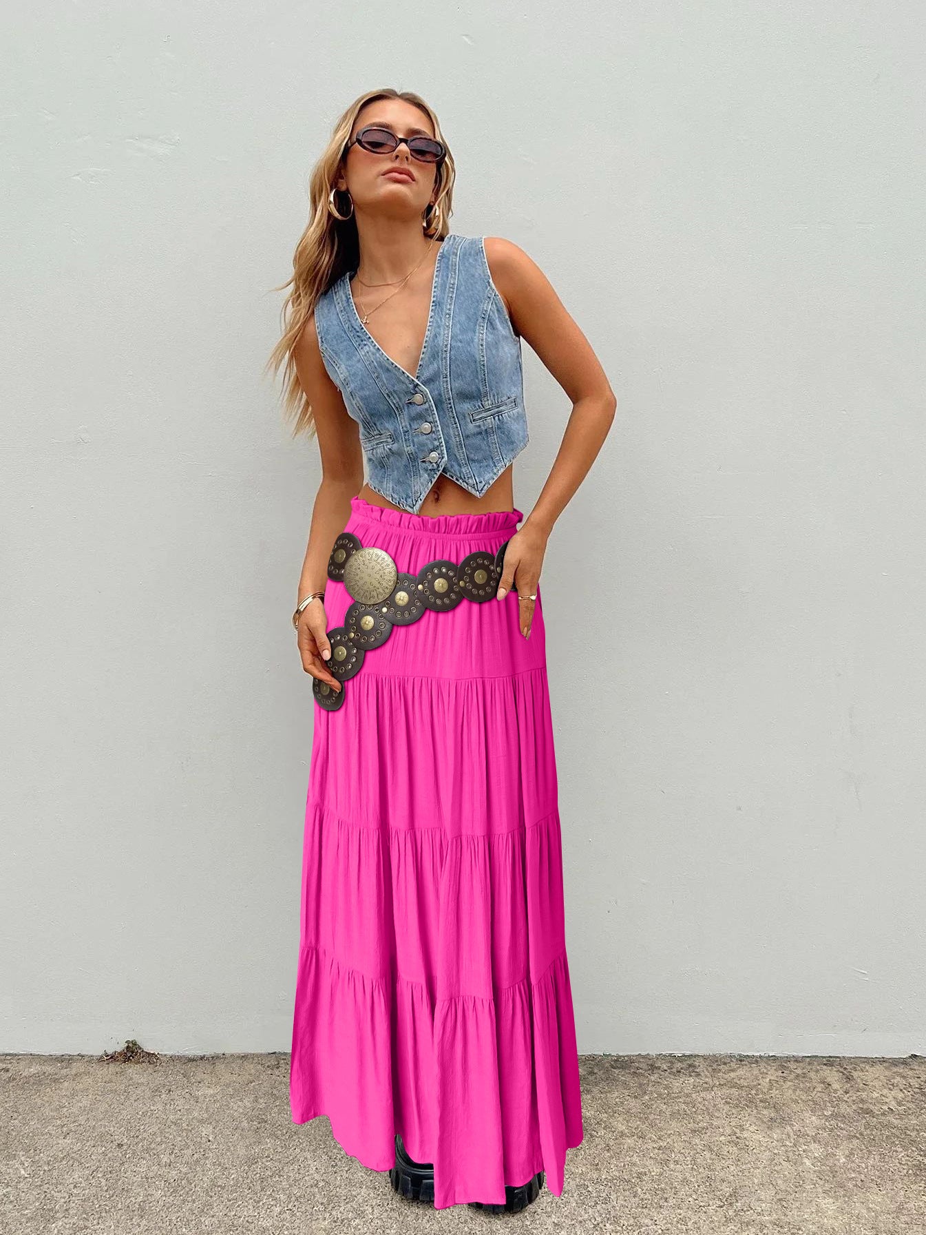 Solid Color High-Waisted Cotton Pleated Maxi Skirt - Elegant and Figure-Flattering