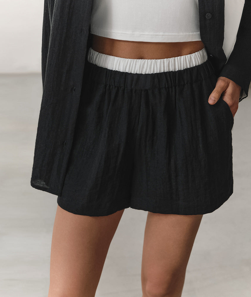 Women's Vintage Collar Shirt & High Waist Shorts Set