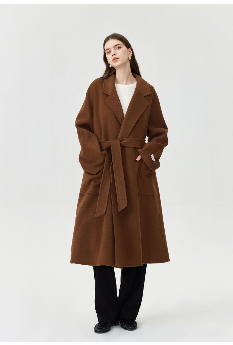 Women's loose lace-up wool coat