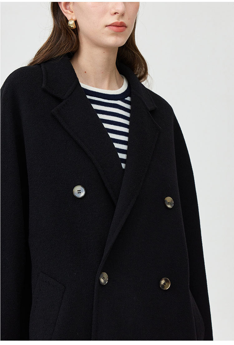 Women's loose double-breasted mid-length wool coat