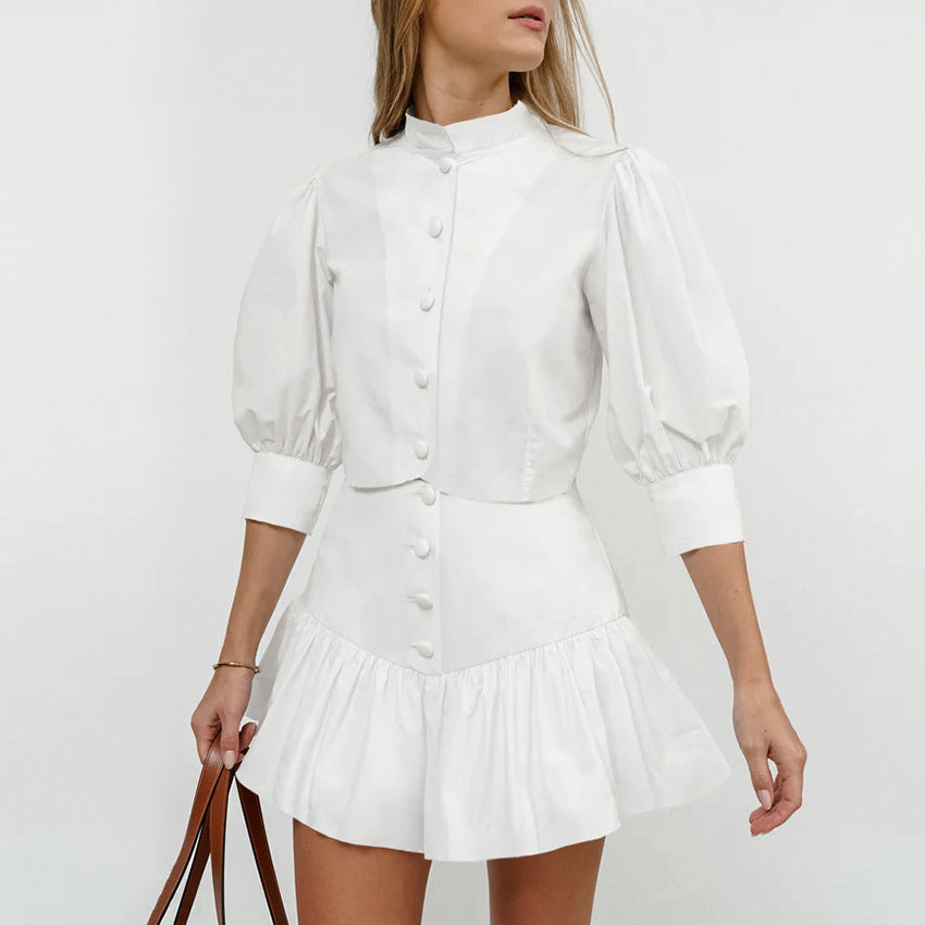 Women's Summer Cotton Linen White Mandarin Collar 3/4 Sleeve Blouse and High Waist Tight Skirt Set