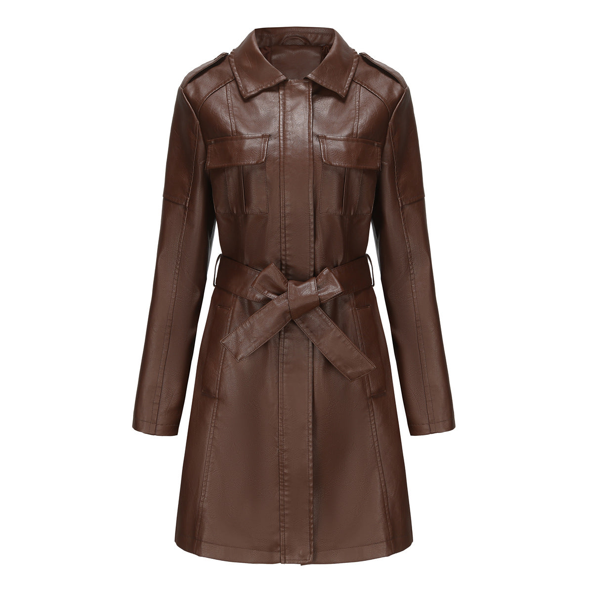 Women's Mid-Length Belted Faux Leather Long Sleeve Jacket with Zipper Design