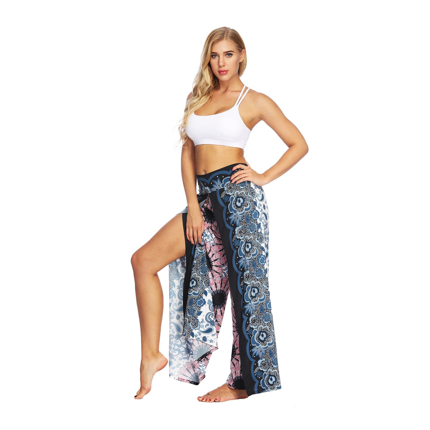 Geo Print Split Thigh Wide Leg Pants