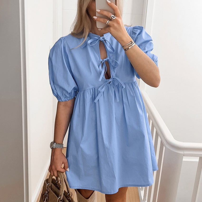 Women's Summer Casual Cotton Bow Tie Mini Dress