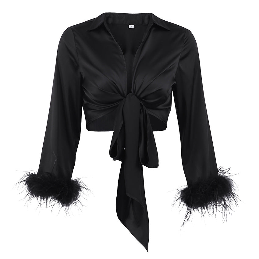 Satin Cropped Puff Sleeve Top with Feather Cuffs