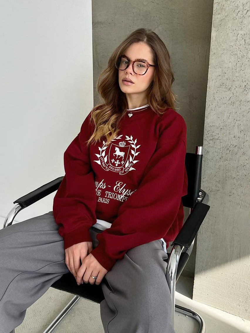 Women's Angora Red Crewneck Pullover Printed Sweatshirt