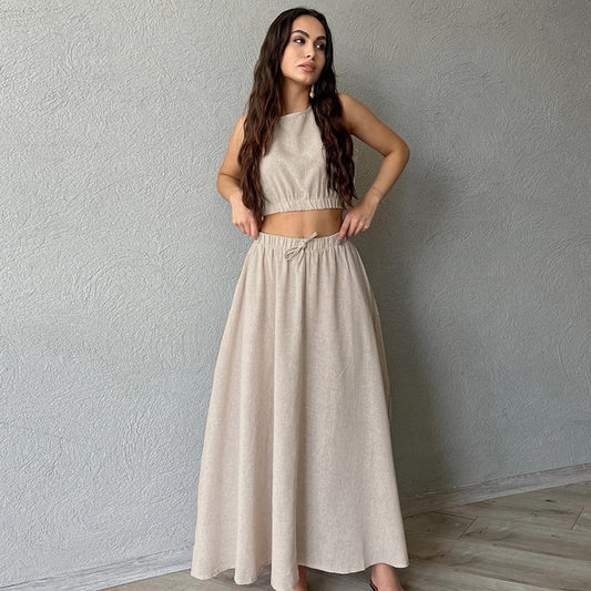 Women's Summer Casual Cotton Linen Crop Sleeveless Top and Sexy High-Slit Maxi Skirt Set