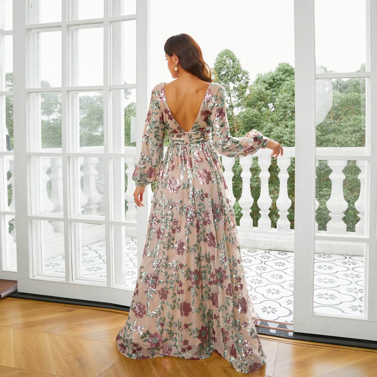 Women's Long Sleeve V-Neck Floral Pattern Long Banquet Evening Dress