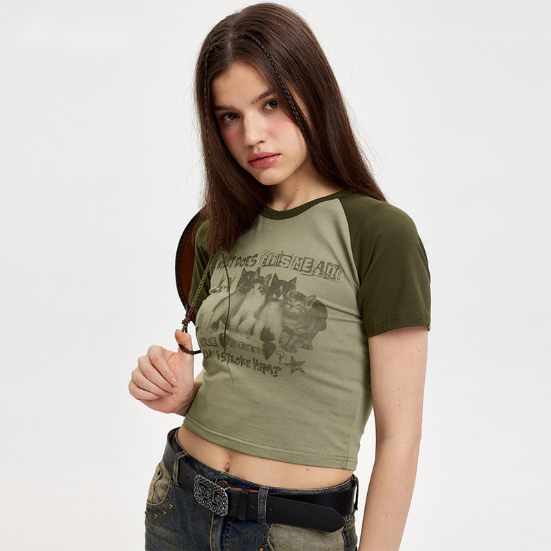 Cat Print Cropped Skinny T-shirt