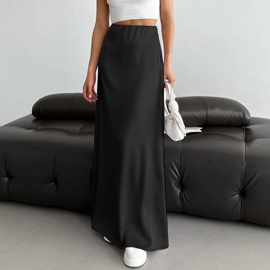 Women's Versatile Black Satin A-Line Midi Skirt