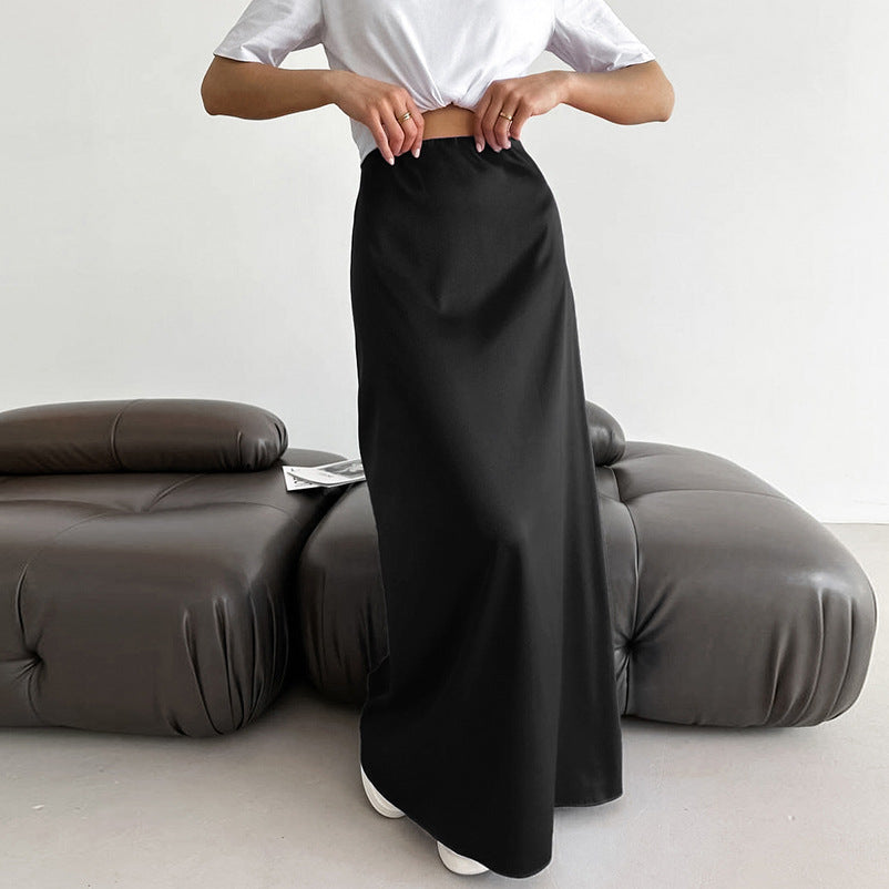 Women's Versatile Black Satin A-Line Midi Skirt