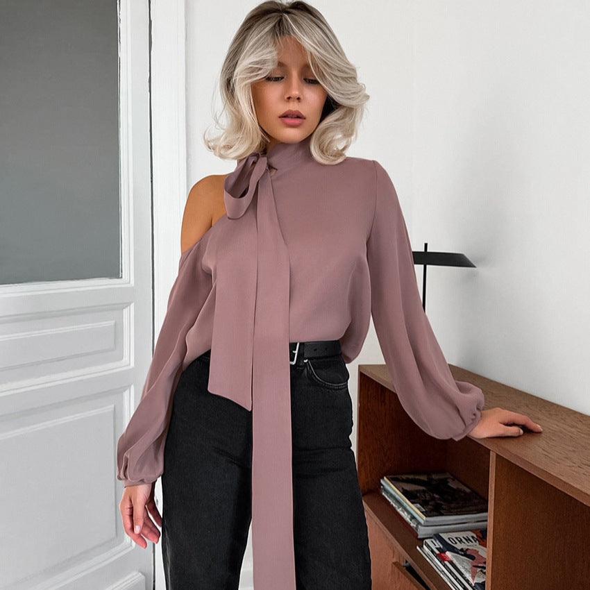 Women's Satin Asymmetrical Neckline Sexy Off-Shoulder Long Sleeve Shirt