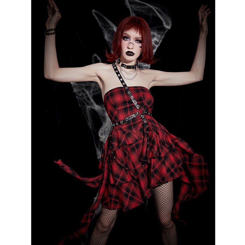 Gothic style tube top asymmetric skirt red plaid skirt