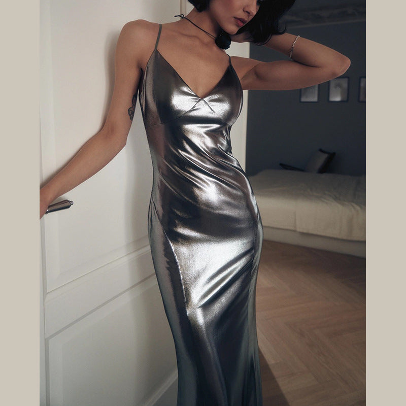 Women's Sexy Spaghetti Strap Silver Shiny Dress