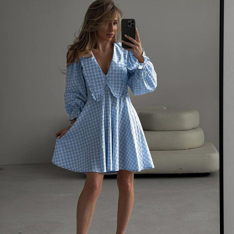 Women's Fashion Plaid Long Sleeve Dress with Butterfly Collar