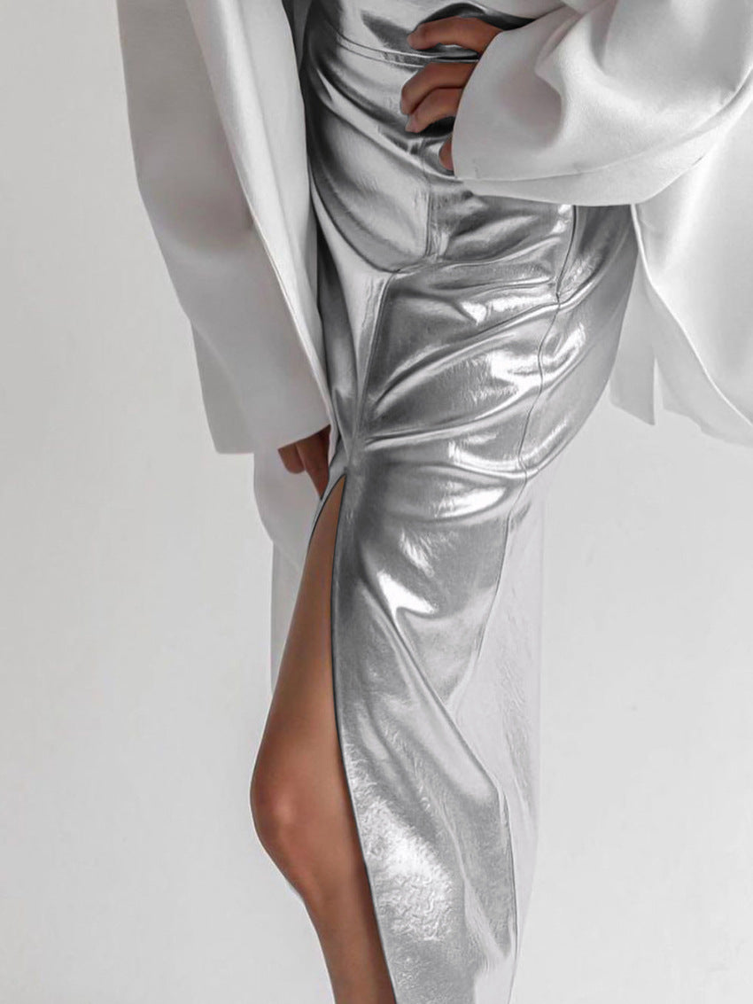 Silver Faux Leather Futuristic High-Waist Slit Bodycon Skirt