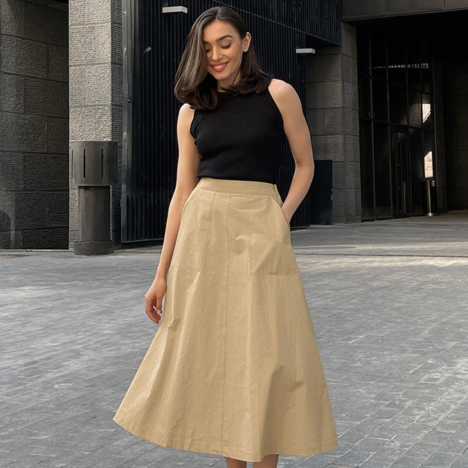 Women's Khaki Cotton A-Line High Waist Skirt