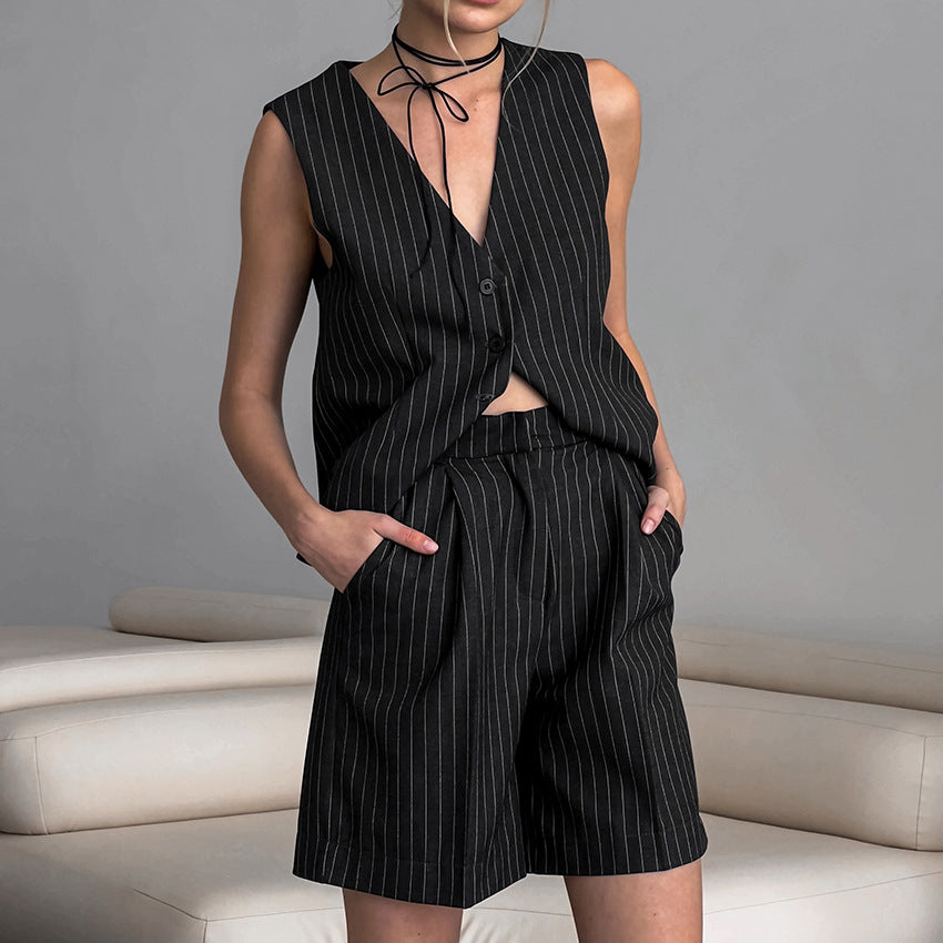 Women's Summer Loose Sleeveless Black Striped Vest and Shorts Two-Piece Set