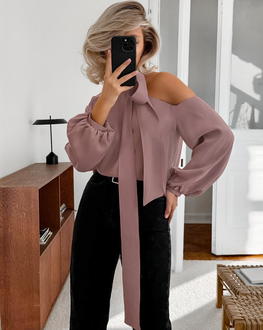 Women's Satin Asymmetrical Neckline Sexy Off-Shoulder Long Sleeve Shirt